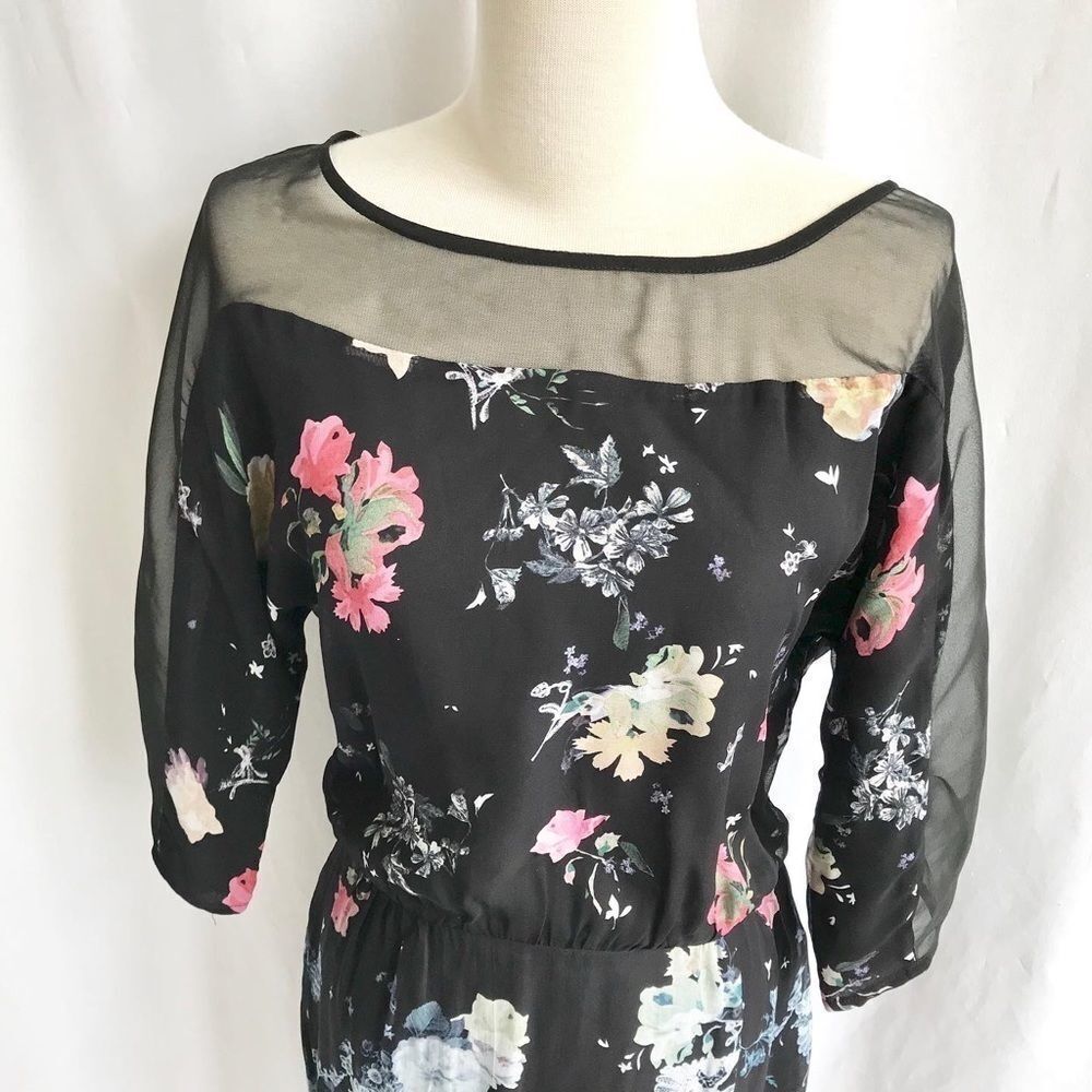 French Connection Sheer Garden Floral Midi Dress Black Mesh Size 2 Romantic Goth - Picture 3 of 11
